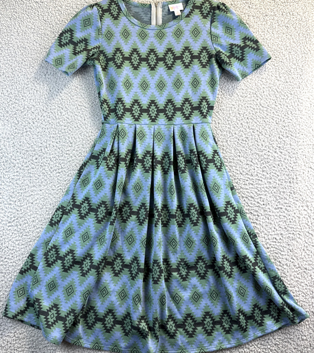 LuLaRoe Women's Dress XS Aztec Amelia Blue & Green Southwest Print Pleated Flare